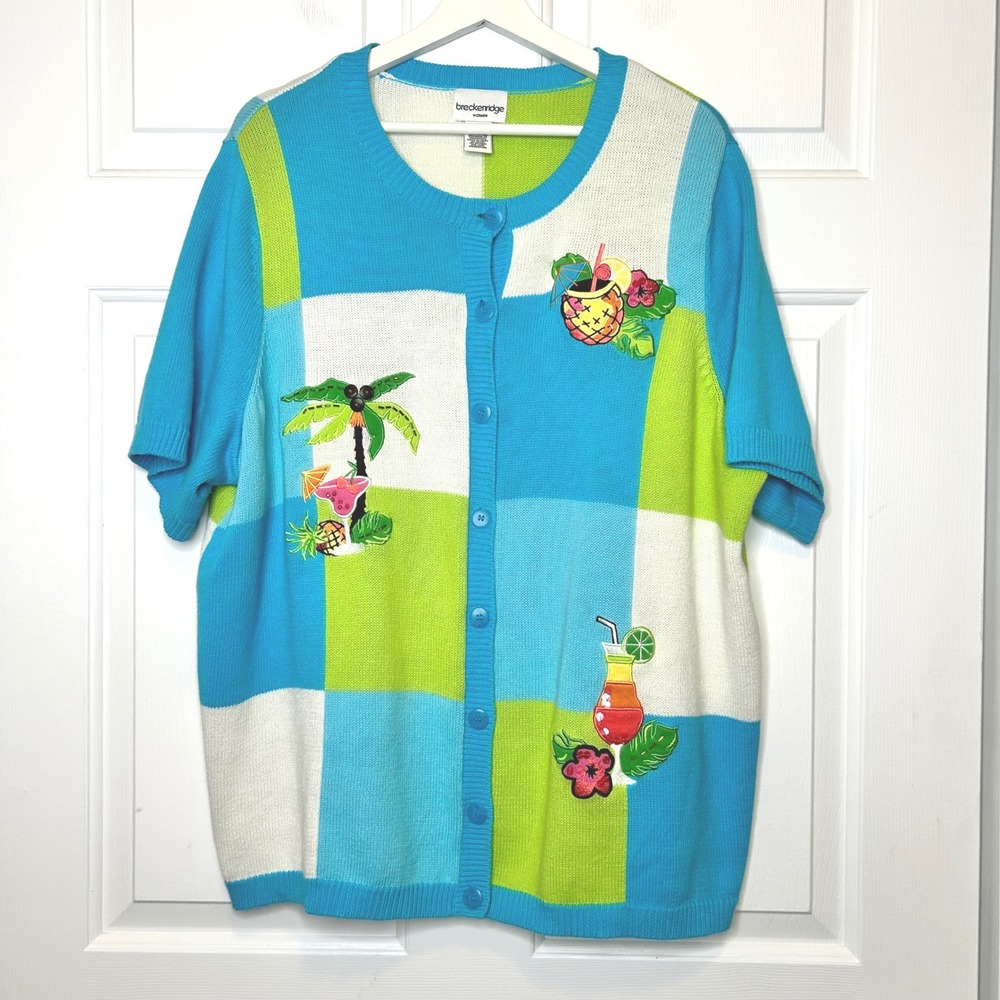 Breckenridge Vintage Tropical Cocktail Palm Tree Patchwork Cardigan Sweater 2X